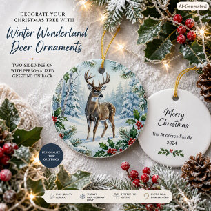 Rustic Woodland Deer White Christmas Nature Ceramic Ornament