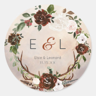 Rustic Woodland Feathers and Floral Bloom Classic Round Sticker