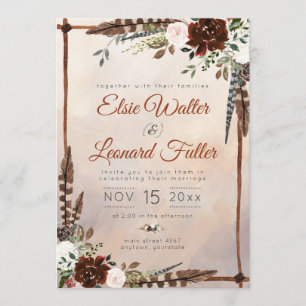 Rustic Woodland Feathers and Floral Bloom Invitation