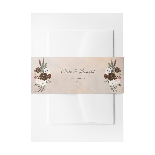 Rustic Woodland Feathers and Floral Bloom Invitation Belly Band (Front Example)