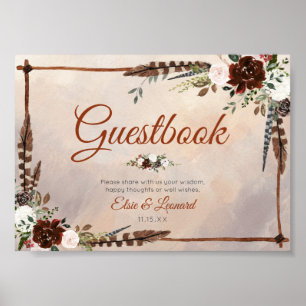 Rustic Woodland Feathers and Floral Bloom Poster