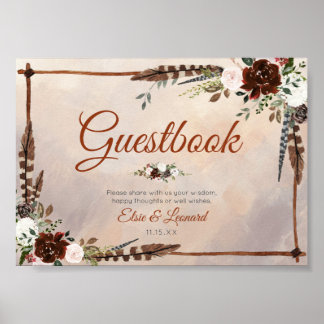 Rustic Woodland Feathers and Floral Bloom Poster