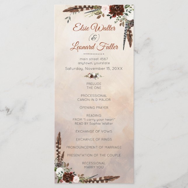 Rustic Woodland Feathers and Floral Bloom Program (Front)
