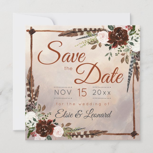 Rustic Woodland Feathers and Floral Bloom Save The Date (Front)