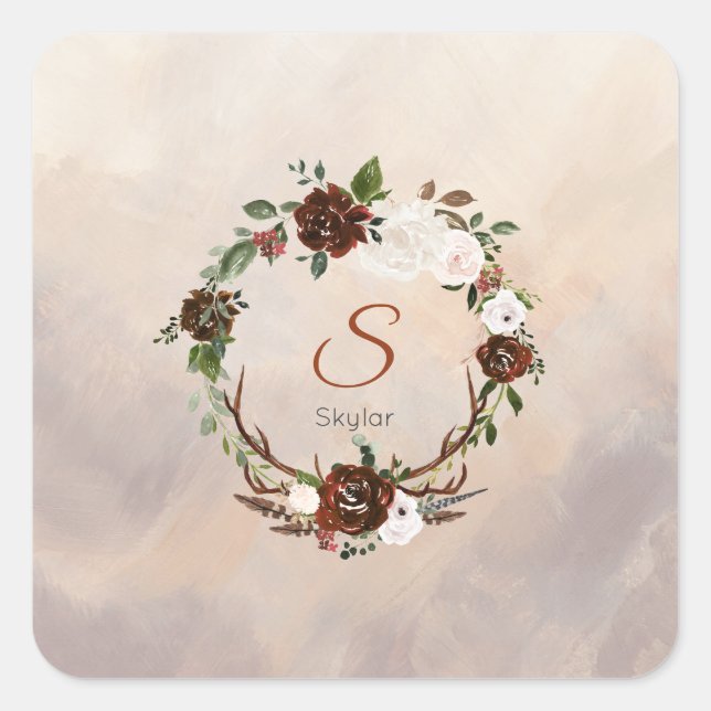 Rustic Woodland Feathers and Floral Bloom Square Sticker (Front)
