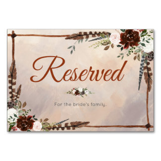 Rustic Woodland Feathers and Floral Bloom Table Number