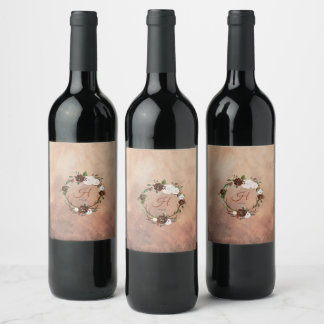 Rustic Woodland Feathers and Floral Bloom Wine Label