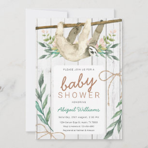 Rustic Woodland Floral Jungle Sloth Baby Shower Invitation