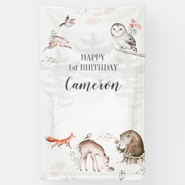 Rustic Woodland Forest Animals 1st Birthday Banner (Vertical)