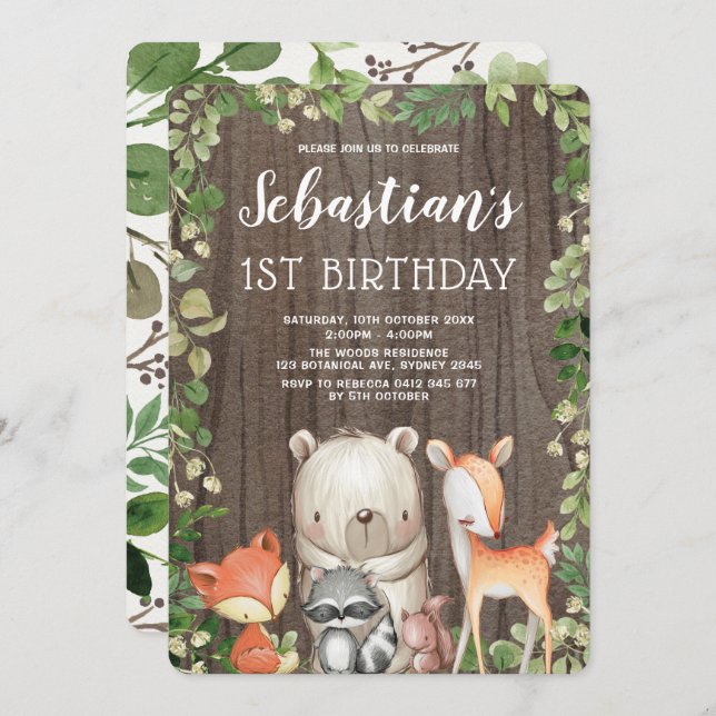 Rustic Woodland Forest Animals 1st Birthday Invitation (Front/Back)