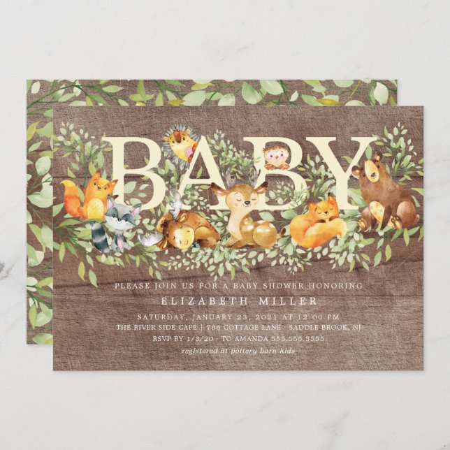 Rustic Woodland Forest Animals Baby Shower Invitation (Front/Back)