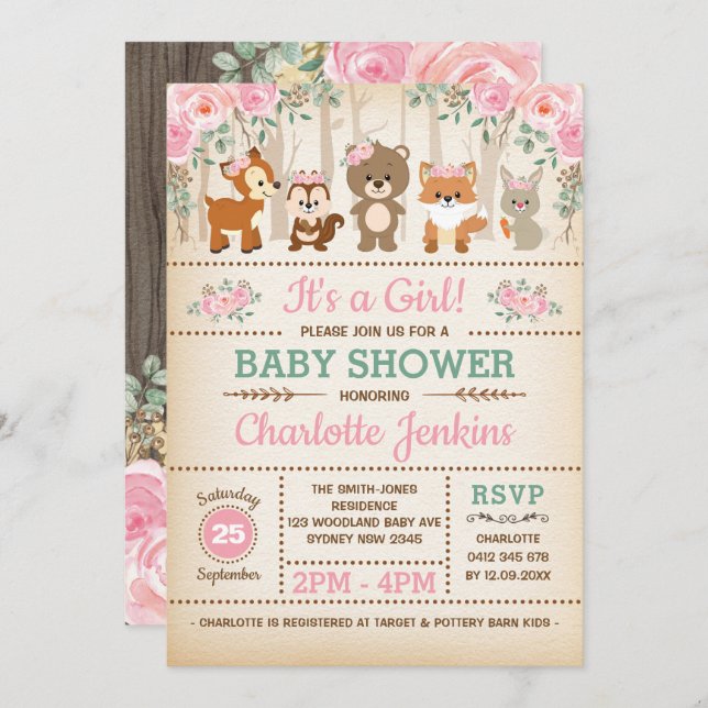 Rustic Woodland Forest Blush Flowers Baby Shower Invitation (Front/Back)