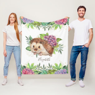 Rustic Woodland Forest Cute Floral Hedgehog Fleece Blanket