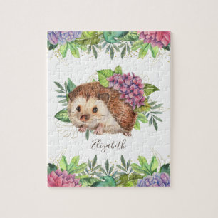 Rustic Woodland Forest Cute Floral Hedgehog Name Jigsaw Puzzle