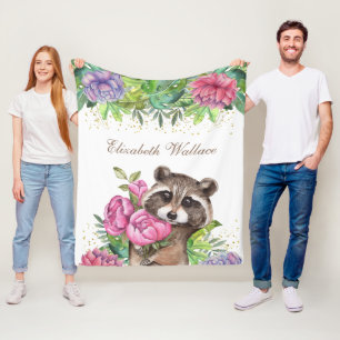 Rustic Woodland Forest Cute Floral Racoon Fleece Blanket