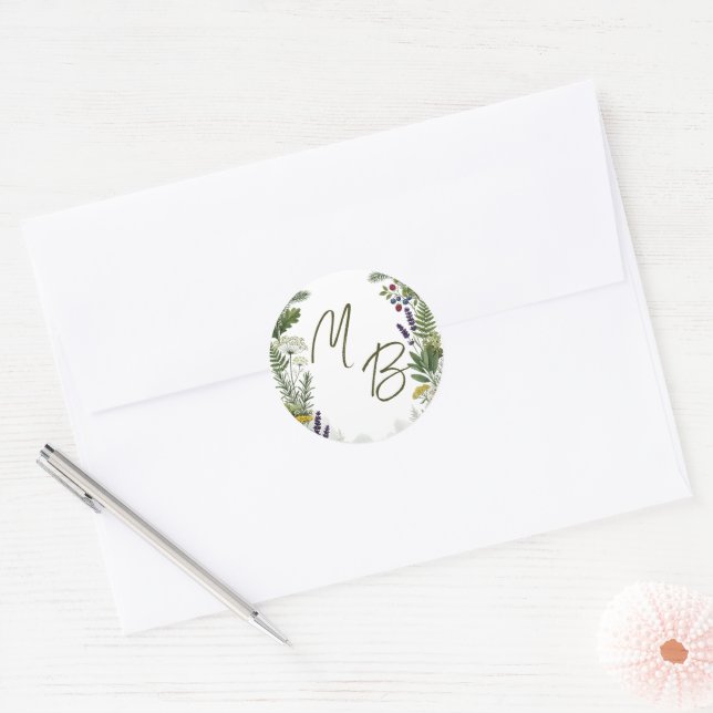 Rustic Woodland Forest Greenery Initials Wedding Classic Round Sticker (Envelope)
