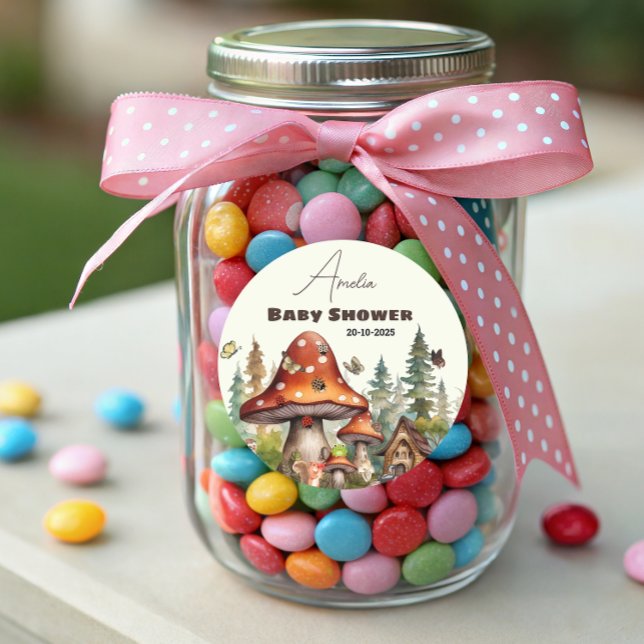 Rustic Woodland Forest Mushroom Baby Shower Fall  Classic Round Sticker (mushroom label)