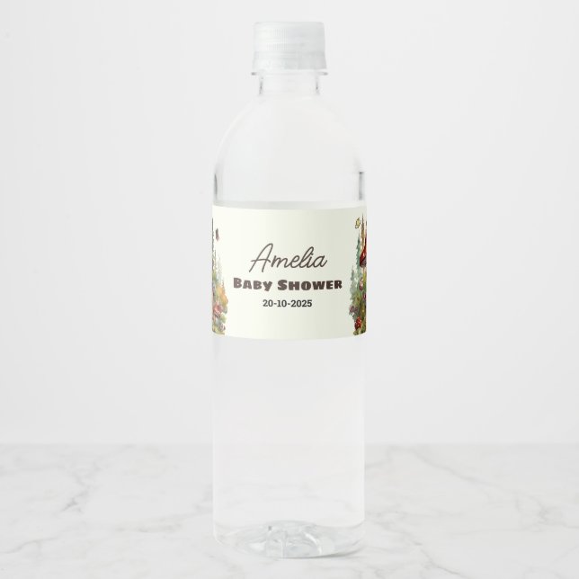 Rustic Woodland Forest Mushroom Baby Shower Fall  Water Bottle Label (Front)
