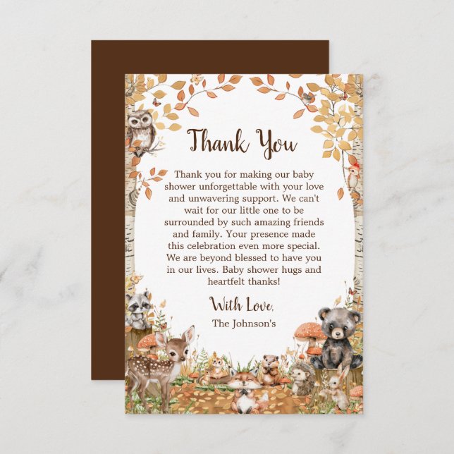 Rustic Woodland Forest Neutral Baby Shower Thank You Card (Front/Back)