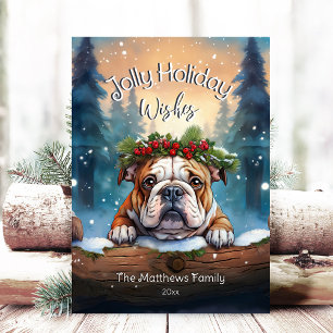 Rustic Woodland Forest Peeking Bulldog Jolly Holiday Card