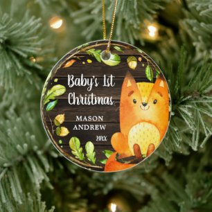 Rustic Woodland Fox Baby's First Christmas Ceramic Ornament