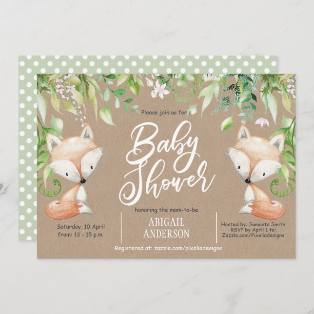 Rustic, Woodland fox, Greenery, baby Boy Shower Invitation (Front/Back)