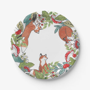 Rustic Woodland Fox Mushroom Berry Leaves Paper Plate
