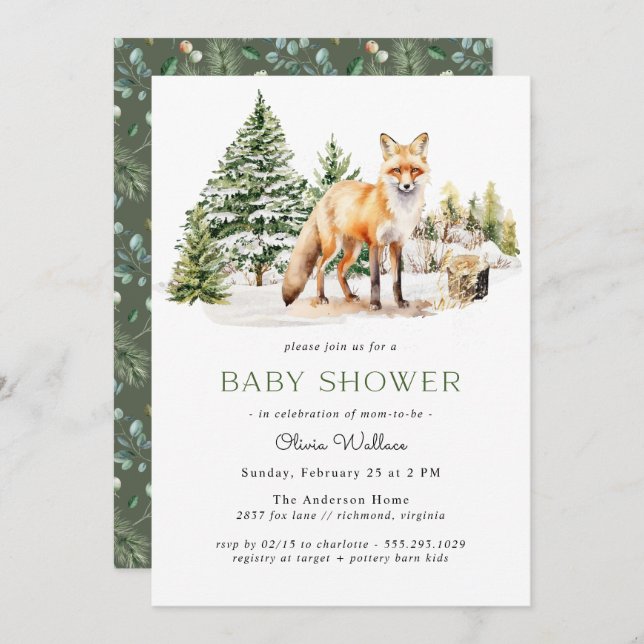Rustic Woodland Fox | Winter Forest Baby Shower Invitation (Front/Back)