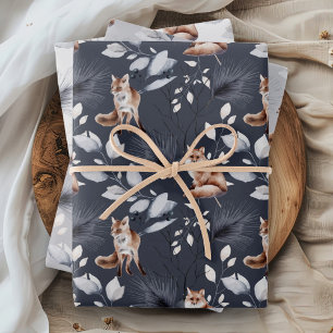 Rustic Woodland Fox Winter Leaves Wrapping Paper Sheet