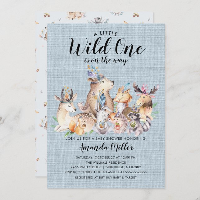 Rustic Woodland Friends Wild One Baby Shower Invitation (Front/Back)