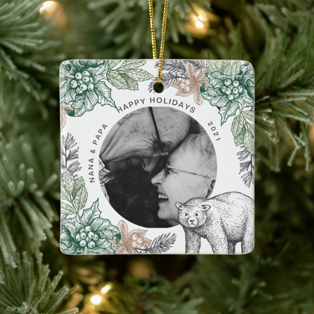 Rustic Woodland Grandparents Holiday Photo Ceramic Ornament (Tree)
