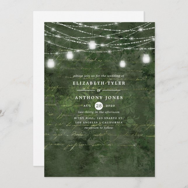 Rustic Woodland Green and Gold Calligraphy Wedding Invitation (Front/Back)