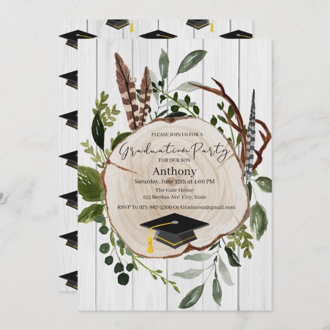 Rustic Woodland Greenery Graduation Invitation (Front/Back)