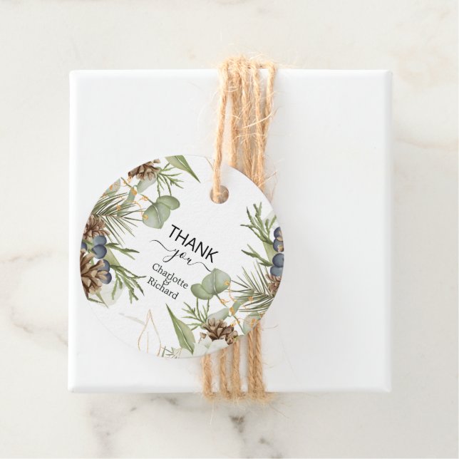 Rustic Woodland Greenery & Pinecones Favour Tags (In Situ)