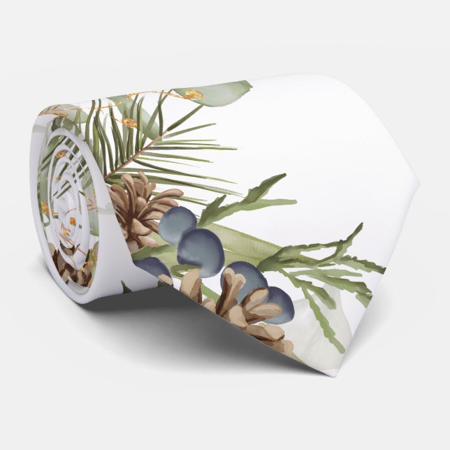 Rustic Woodland Greenery & Pinecones Wedding Tie (Rolled)