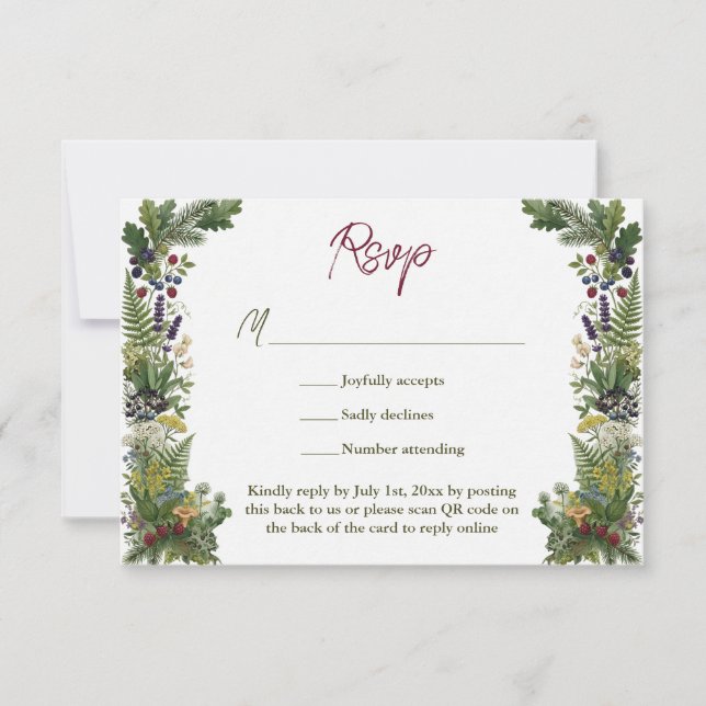 Rustic Woodland Greenery Wedding Website QR Code RSVP Card (Front)