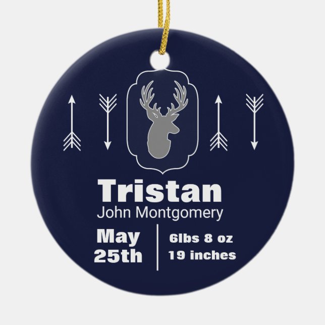Rustic Woodland Grey Deer & Navy Photo Ceramic Ornament (Front)