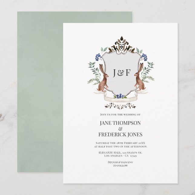 Rustic Woodland Heraldry Monogram Hare Wedding Invitation (Front/Back)