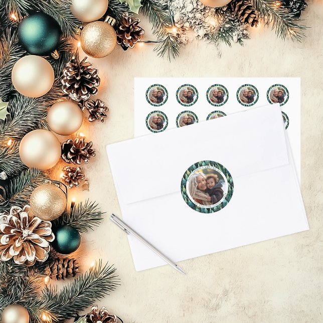Rustic Woodland Holiday Photo Classic Round Sticker (Rustic Woodland Stickers)