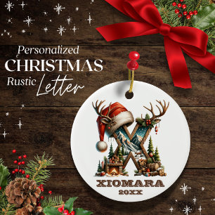 Rustic Woodland Letter X Personalised Christmas Ceramic Ornament