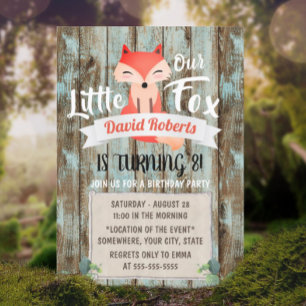 Rustic Woodland Little Fox 8th Birthday Party Invitation