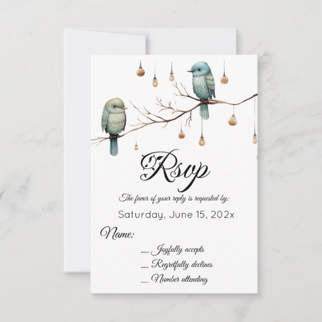 Rustic Woodland Love Birds Celebration RSVP Card (Front)