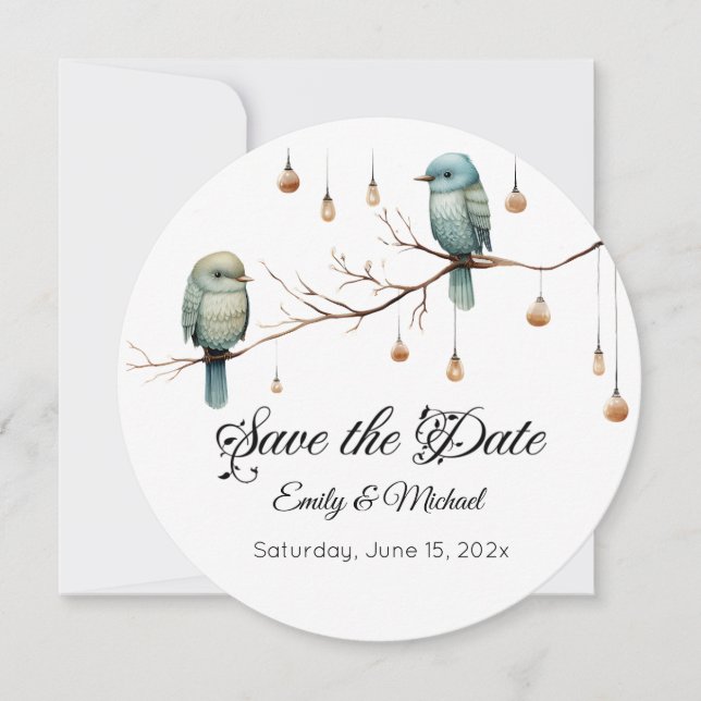 Rustic Woodland Love Birds Celebration Save The Date (Front)