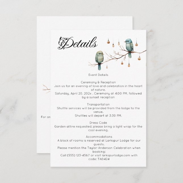 Rustic Woodland Love Birds  Romantic Wedding  Enclosure Card (Front/Back)