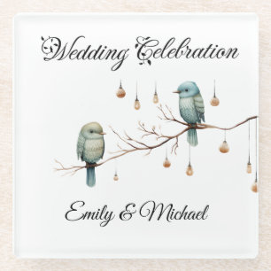Rustic Woodland Love Birds Romantic Wedding Glass Coaster