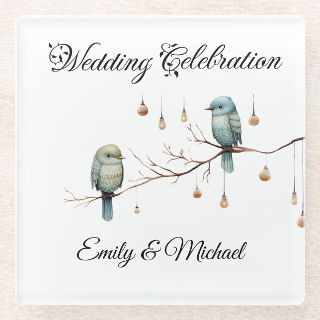 Rustic Woodland Love Birds  Romantic Wedding  Glass Coaster (Front)