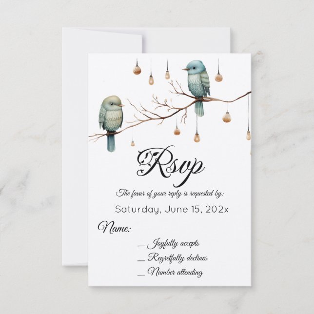 Rustic Woodland Love Birds  Romantic Wedding  RSVP Card (Front)