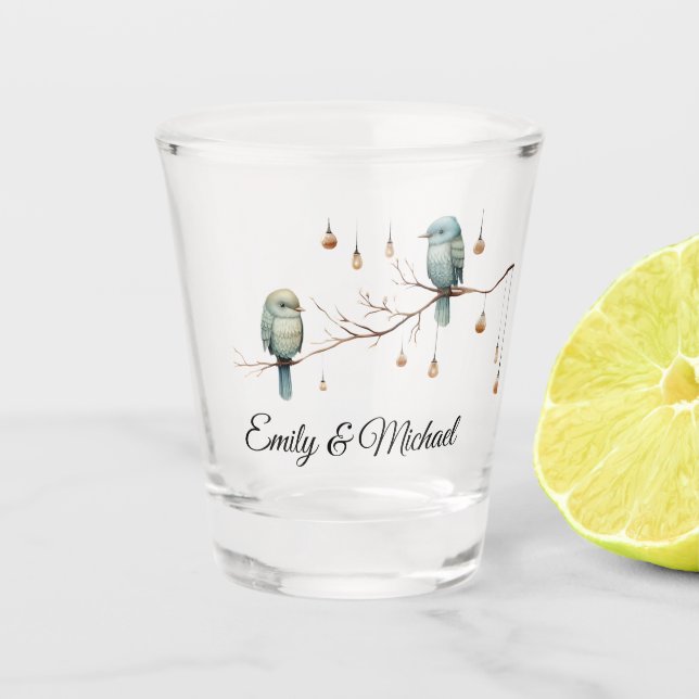 Rustic Woodland Love Birds  Romantic Wedding  Shot Glass (Front)