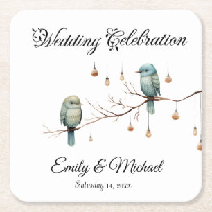 Rustic Woodland Love Birds Romantic Wedding Square Paper Coaster