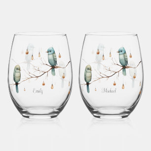 Rustic Woodland Love Birds  Romantic Wedding  Stemless Wine Glass